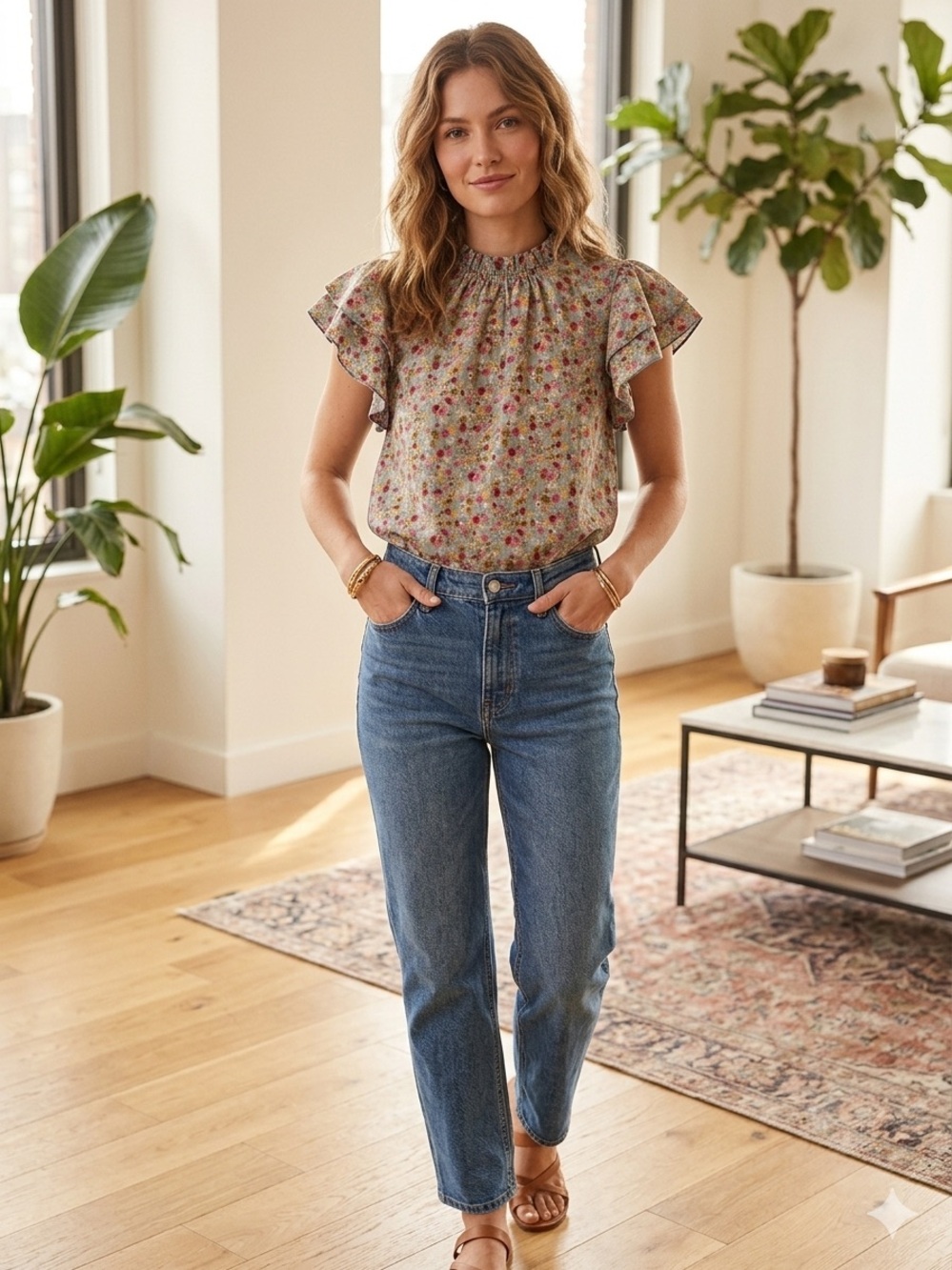 Flutter-Sleeve Floral Blouse in Soft Multicolor